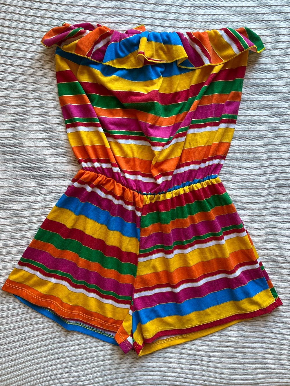 Vintage 80s Rainbow Stripe Strapless Romper Playsuit Ruffle Metallic USA L